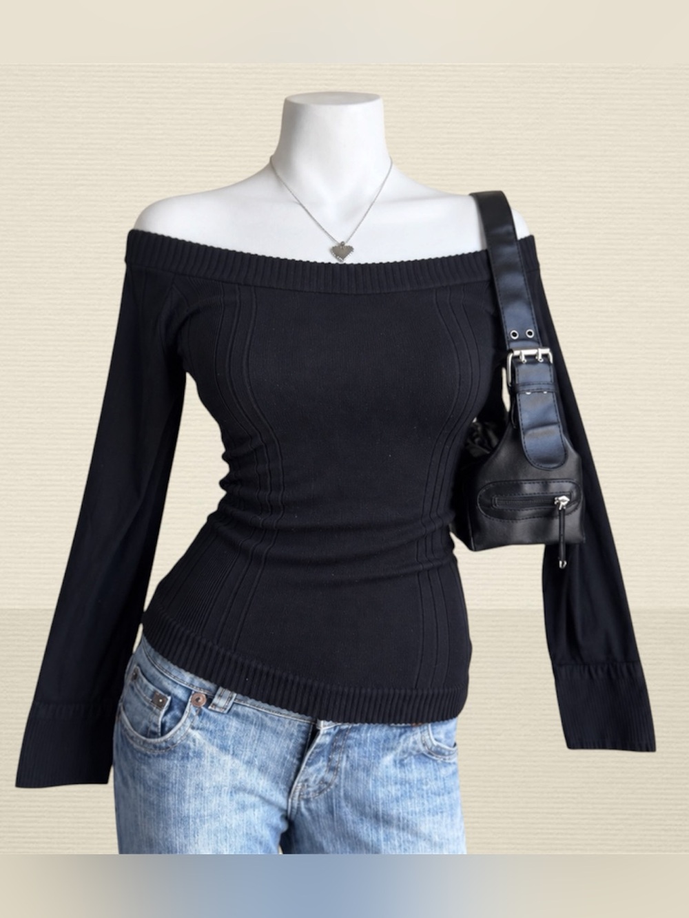 Bebe Y2K Off The Shoulder Ribbed Black Knit Long Sleeve Top Goth M/L